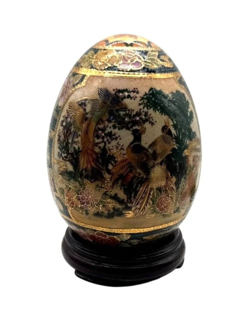 Vintage Satsuma Hand Painted Porcelain Egg Peacock & Floral Gilded 5